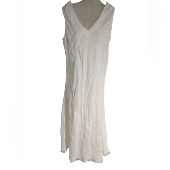 Crown Linen Women's Tawni Frayed Hem White Midi Dress Casual Minimalist Large - Picture 2 of 7